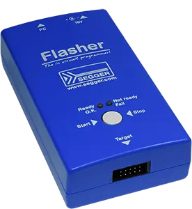 A blue device labeled "Flasher" with indicators for power and status. It features buttons for "Start" and "Stop" as well as connection ports. The design suggests it is used for in-circuit programming, typically for electronic components.