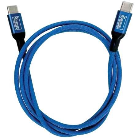A blue USB cable with two connectors at each end, designed for connecting devices. The cable has a durable, textured surface, indicating it is built for longevity.