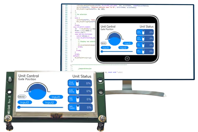 An image shows a handheld display and a monitor displaying control interfaces. The display features options for "Gate Position" and inputs labeled Input1, Input2, and Input3. Status indicators for "Thrust Bearing," "Guide Bearing," "Gate Limit," and "Gate Position" are also present, showing percentages.