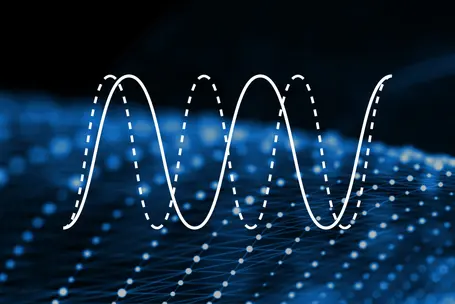 An abstract graphic featuring a white sinusoidal wave on a dark blue background, representing data or sound patterns. The wave has both solid and dashed lines, creating a dynamic visual effect against a backdrop of blurred dots and grid lines, suggesting a digital or technological theme.