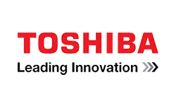 The image features the Toshiba logo, prominently displaying the word "TOSHIBA" in bold red letters, accompanied by the phrase "Leading Innovation" below it in black. An arrow symbol follows the text, indicating forward movement or progress.