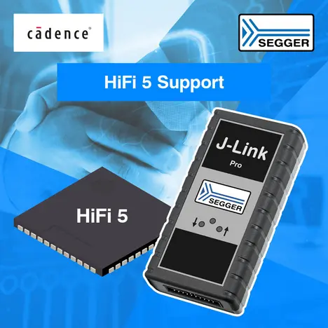 News graphic: J-Link support for Cadence HiFi 5 core News graphic: Black chip on the left, black J-Link debug probe on the right