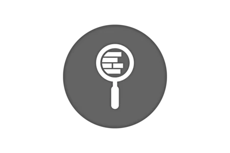 A magnifying glass icon is centered within a round gray background. Inside the magnifying glass, horizontal lines represent text or data, suggesting a focus on examining or searching for information.