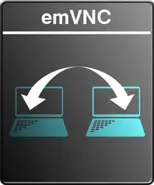 The image features the text "emVNC" at the top, with two stylized laptops at the bottom. An arrow points from one laptop to the other, symbolizing connection or remote access between devices. The background is a gradient of dark gray to black.