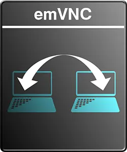 The image features the text "emVNC" at the top, with two stylized laptops at the bottom. An arrow points from one laptop to the other, symbolizing connection or remote access between devices. The background is a gradient of dark gray to black.