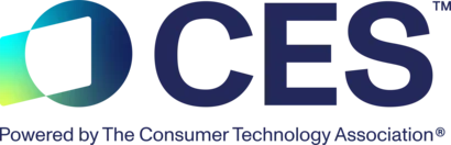 Logo for CES, featuring the letters "CES" in bold dark blue with a colorful stylized element resembling a rounded rectangle, alongside the text "Powered by The Consumer Technology Association.