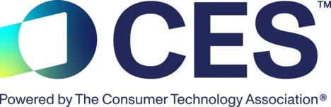Logo for CES, featuring the letters "CES" in bold dark blue with a colorful stylized element resembling a rounded rectangle, alongside the text "Powered by The Consumer Technology Association.