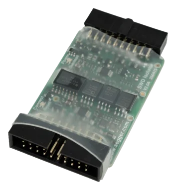 A small green printed circuit board (PCB) with multiple electronic components and connectors. The top features a black plastic connector section, labeled pins, and inscriptions. The board is designed for debugging and programming devices, specifically for SWD (Serial Wire Debug) applications.