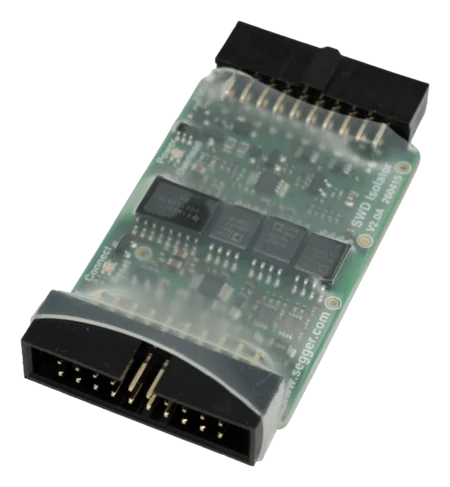 A small green printed circuit board (PCB) with multiple electronic components and connectors. The top features a black plastic connector section, labeled pins, and inscriptions. The board is designed for debugging and programming devices, specifically for SWD (Serial Wire Debug) applications.