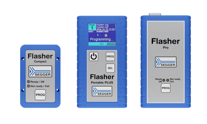 Three SEGGER Flasher devices are displayed side by side: the Flasher Compact on the left, the Flasher Portable PLUS in the center with a screen showing programming progress, and the Flasher Pro on the right. Each device has a blue casing with silver labels indicating their functions.