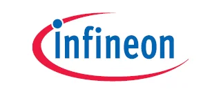 The image features the logo of Infineon Technologies. The logo includes the word "Infineon" in blue text, accompanied by a red curved line starting from the left and ending near the text, symbolizing innovation and technology.