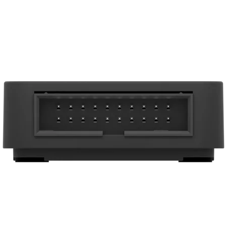 A black electronic device with a rectangular shape, featuring a row of small holes or connectors on its front panel. The design is minimalist and modern, suitable for various electronic applications.