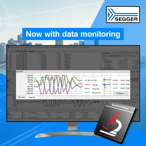 A computer monitor displays a data monitoring interface featuring colorful data plots and metrics related to acceleration and CPU load. The text at the top indicates the addition of data monitoring capabilities. A logo and icon for "SystemView" are positioned in the corner.
