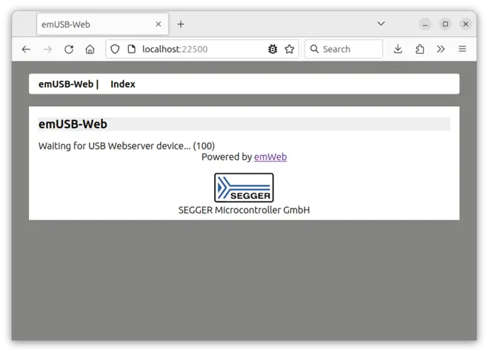 The image displays a web interface titled "emUSB-Web," indicating it is waiting for a USB web server device. The message shows a progress status of "(100)" and notes that it is powered by emWeb, associated with SEGGER Microcontroller GmbH.