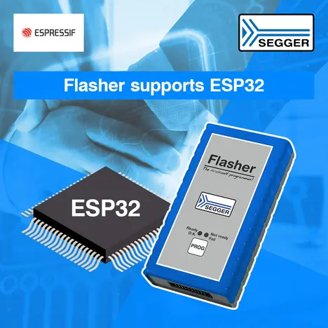 An ESP32 microcontroller is shown alongside a blue SEGGER Flasher device. The text indicates that the Flasher supports ESP32 programming. The background features a blurred image of a hand working with technology.