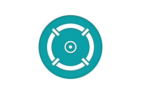 A simple, circular icon features a teal background with a central white circle and four white lines extending outward, creating a stylized design. The icon symbolizes connection or focus, often used in technology or user interfaces.