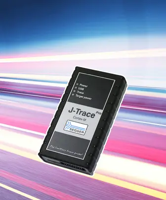 Image of a black device labeled "J-Trace Pro Cortex-M" with indicators for Power, USB, Trace, and Target power. The background features a dynamic, blurred effect, suggesting speed or technology. The device is used for debugging and tracing in embedded systems.