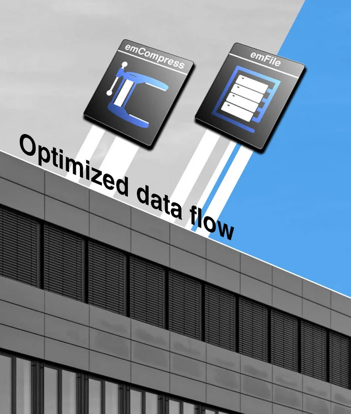 The image features two icons representing data-related software: "emCompress" on the left, symbolizing data compression, and "emFile" on the right, indicating file management. A bold text in the center reads "Optimized data flow," emphasizing the theme of efficient data handling.
