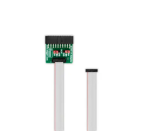 Image shows a STDC14 Adapter with a green circuit board featuring connection points and labels for "EN," "DIS," and "V0." A flexible ribbon cable is connected to the adapter, with the other end exposed and unconnected. The background is plain white.