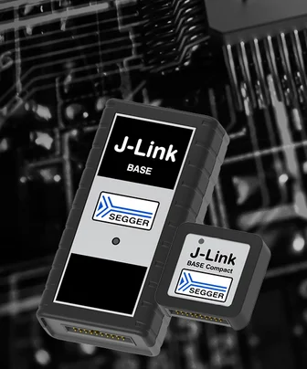 The image features two J-Link debugging devices labeled "J-Link BASE" and "J-Link BASE Compact" from SEGGER. They are depicted against a background resembling a circuit board, highlighting their role in embedded system programming and debugging.