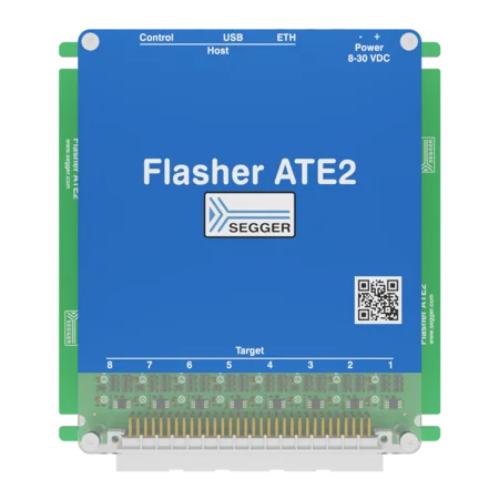 A blue electronic device labeled "Flasher ATE2" is shown with connectors and ports on one side. The device has the tagline "It simply works!" printed on it and features a QR code. Various input/output connections are visible along the bottom edge.