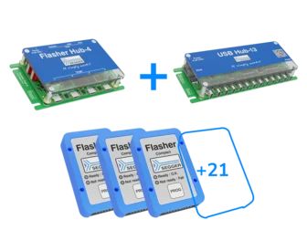 Image showing a collection of SEGGER Flasher devices, including a Flasher Hub 4, USB Hub with multiple ports, and three Flasher Compact devices. The text “+21” indicates additional features or devices. The focus is on programming and debugging tools for embedded systems.