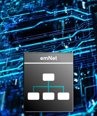 The image features a digital circuit background with sleek blue lines. At the forefront, there is a box labeled "emNet," containing a simple flowchart design with a central node connected to two branching nodes below.