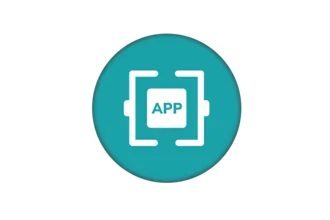 Icon featuring a white square with the word "APP" inside, flanked by two brackets, all set against a teal circular background. The design suggests a focus on mobile applications or technology.