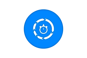 A blue circular icon featuring a white stopwatch surrounded by a circular arrow design, signifying time management or a timer function.