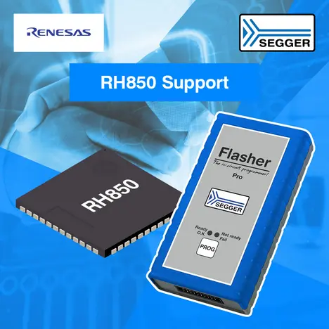 PR graphic: Flasher support for RH850 PR graphic: Black chip in the left, blue SEGGER Flasher on the right