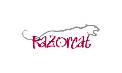 Logo design featuring the text "Razorcat" in stylized red lettering with a silhouette of a cat in a leaping position above the text. The cat is depicted in a simple gray outline, emphasizing both the text and the animal.