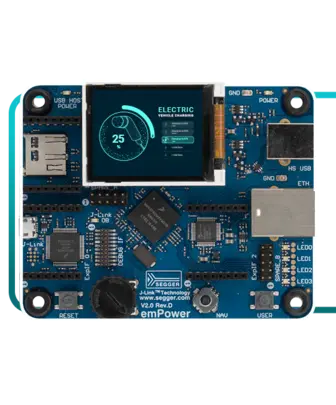 An electronic development board is displayed, featuring a small screen that shows "Electric Vehicle Charging" with a gauge indicator reading 25%. The board includes various ports and components, indicating its functionality for programming or hardware projects.