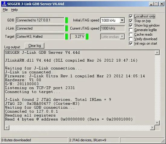 Screenshot of the SEGGER J-Link GDB Server interface, showing connection status, JTAG speed settings, target device (Cortex-M3), and log output detailing successful connections and data read from memory address. Key parameters include target voltage and JTAG device identification.