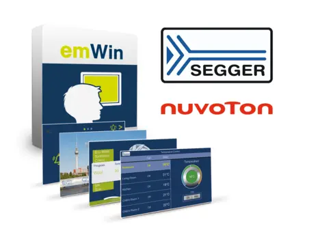 The image shows an emWin software package with a silhouette of a person, along with user interface screens displaying temperature control settings and washing program options. Logos for SEGGER and Nuvoton are also present, indicating the collaboration between these companies in embedded systems.