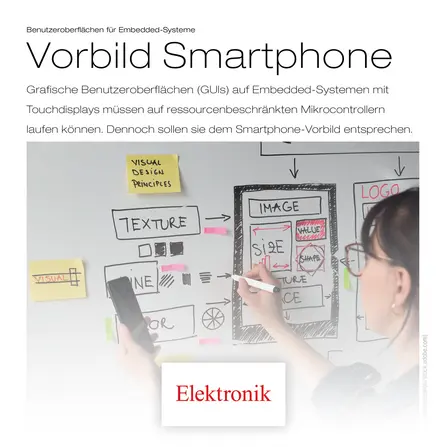 The image features a hand holding a smartphone while another hand draws on a whiteboard. The whiteboard displays design concepts, including text labels and sketches related to graphical user interfaces and visual design principles for embedded systems. The bottom includes the word "Elektronik."