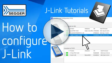 Image highlighting a tutorial for configuring J-Link devices. The interface displays options for products connected via USB and TCP/IP, including details like nickname, serial number, and firmware version. A pointer indicates a specific entry for "Flasher Compact V5.00." The SEGGER logo is visible in the corner.