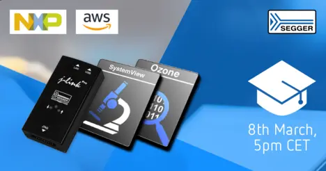 An invitation to a webinar on technology solutions by NXP, AWS, and SEGGER. It features a j-link Pro device and icons for SystemView and Ozone software. The event is scheduled for March 8th at 5 PM CET.