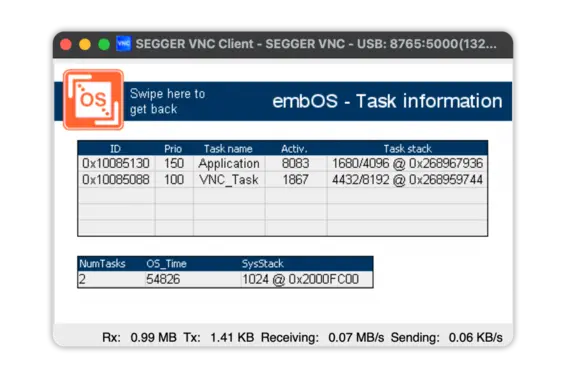 SEGGER VNC Client on macOS connected to STM32F746-DISCO board running emVNC Server virtual display playing product demo