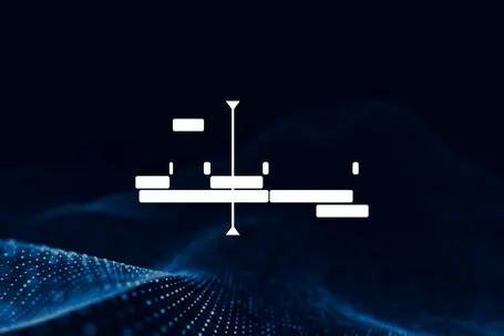 An abstract graphic featuring a series of horizontal and vertical lines and shapes arranged centrally on a dark background. The design suggests a digital or technological theme, with light effects that create depth and a sense of movement.
