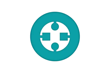 A circular icon featuring a teal background and a white central design. The design includes a circle with two small circles on the top and bottom, and two rectangles on the left and right, representing connection or interaction.