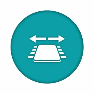 Icon depicting a rectangular shape with arrows extending to the left and right, set against a circular teal background. This graphic suggests movement or adjustment in horizontal directions.