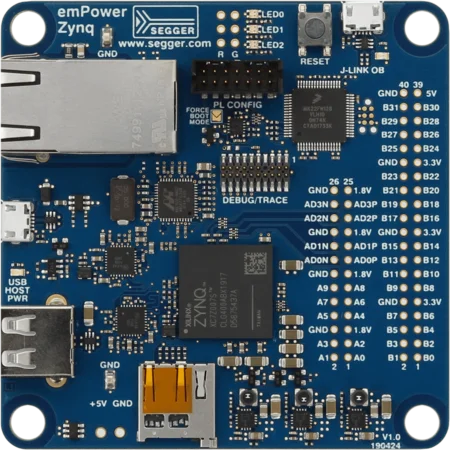An electronic development board featuring various components, including a Zynq processor, USB ports, and multiple pins for connections. The board is predominantly blue and includes labeled areas for power, configuration, and debugging. Various LEDs and connectors are visible, providing functionality for programming and testing.
