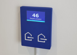Blue display panel showing "46 People present" with two directional icons (left and right arrows) below the screen.