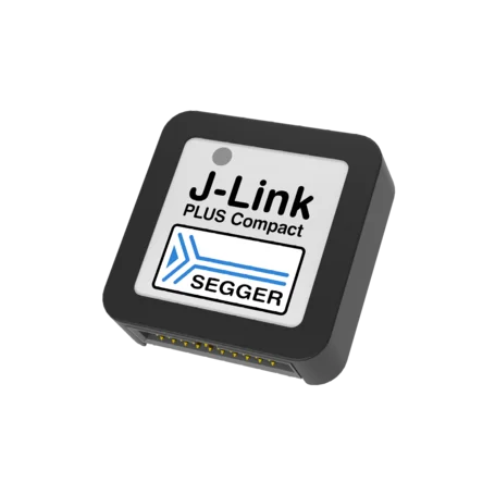 An image of a compact device labeled "J-Link PLUS Compact" with the SEGGER logo. The device has a black casing and features multiple connector pins on one side. The top surface displays the product name and logo prominently.