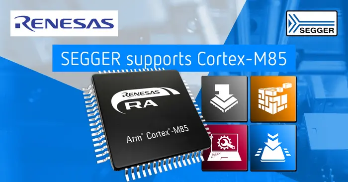 Image features a black microcontroller chip labeled "Arm Cortex-M85" by Renesas. Above, the text states "SEGGER supports Cortex-M85." Below the chip are four icons representing downloading, packaging, configuration, and download processes, set against a blue background.