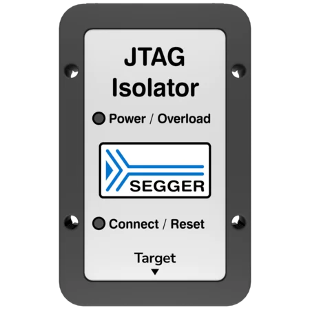 A rectangular panel labeled "JTAG Isolator" featuring indicators for "Power / Overload" and "Connect / Reset." It also displays the SEGGER logo, with an arrow design. The background is light, and the panel has a grey border with mounting holes.