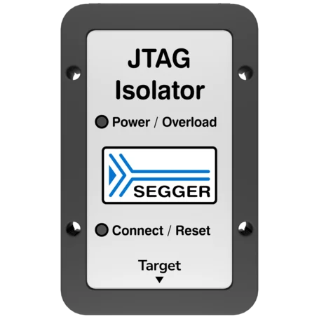 A rectangular panel labeled "JTAG Isolator" featuring indicators for "Power / Overload" and "Connect / Reset." It also displays the SEGGER logo, with an arrow design. The background is light, and the panel has a grey border with mounting holes.