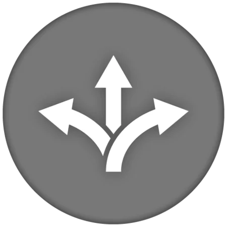 Icon featuring three directional arrows within a circular grey background. One arrow points straight up, while the others curve left and right. The design symbolizes choices or multiple paths.