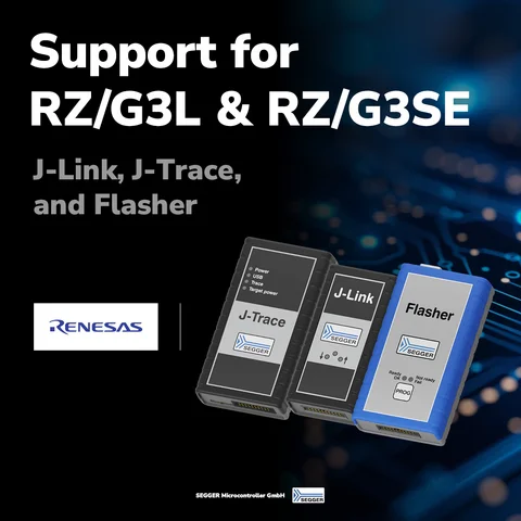 Image featuring three programming tools: J-Trace, J-Link, and Flasher, arranged side by side. The background includes circuit-like graphics, with the text "Support for RZ/G3L & RZ/G3SE" prominently displayed above. The Renesas logo is shown to the left, emphasizing the brand.