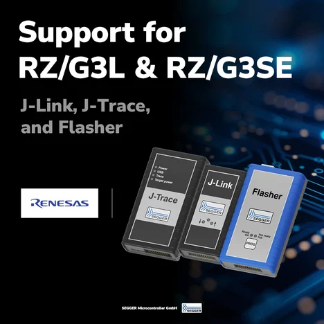 Image featuring three programming tools: J-Trace, J-Link, and Flasher, arranged side by side. The background includes circuit-like graphics, with the text "Support for RZ/G3L & RZ/G3SE" prominently displayed above. The Renesas logo is shown to the left, emphasizing the brand.